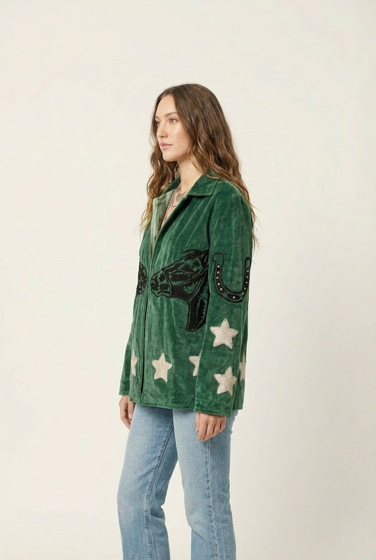 Women's Western Velvet Embroidered Jacket with Star Motif and Horse Detail