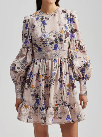 Flowers Plants Balloon Sleeves Mini Dress