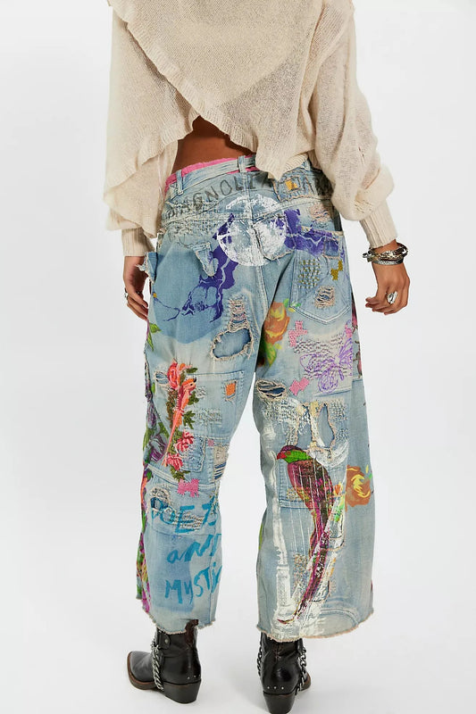 Artistic Illustrated Denim Jeans Relaxed Wide Leg Boho Statement