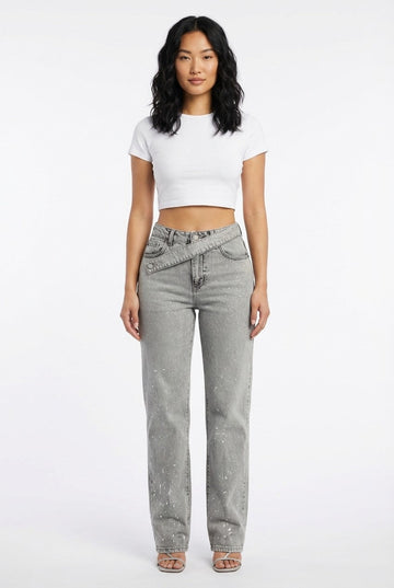 Women's Paint Splatter Denim Jeans Asymmetric Waist Straight Leg Streetwear