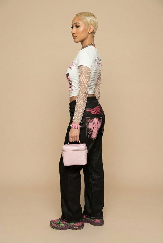 Y2K Gothic Cross Embroidered Black Straight-Leg Denim Jeans