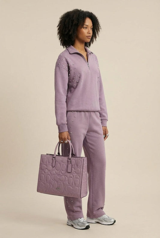 Women's Rhinestone Embellished Half-Zip Fleece Sweatshirt and Pants Set