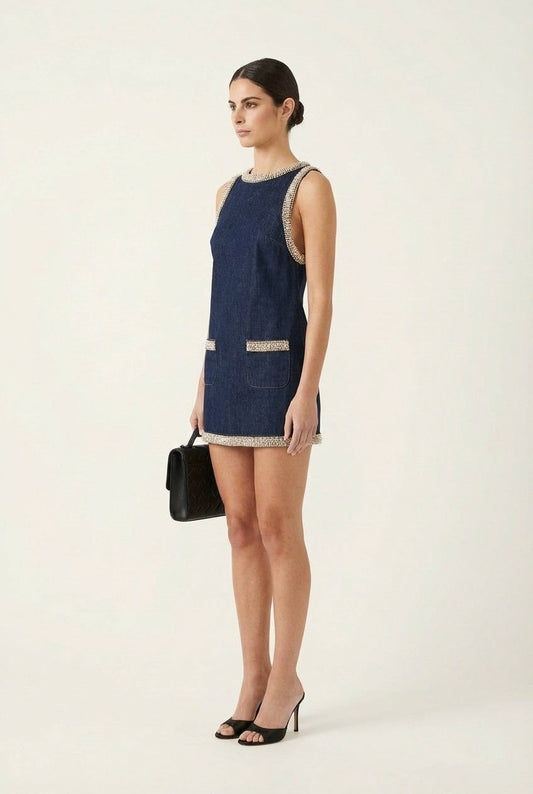 Women's Embellished Indigo Denim Shift Mini Dress Sleeveless Party Look