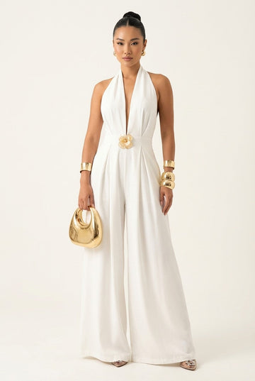 Women's Elegant Plunging Halter Jumpsuit with Gold Flower Waist Detail