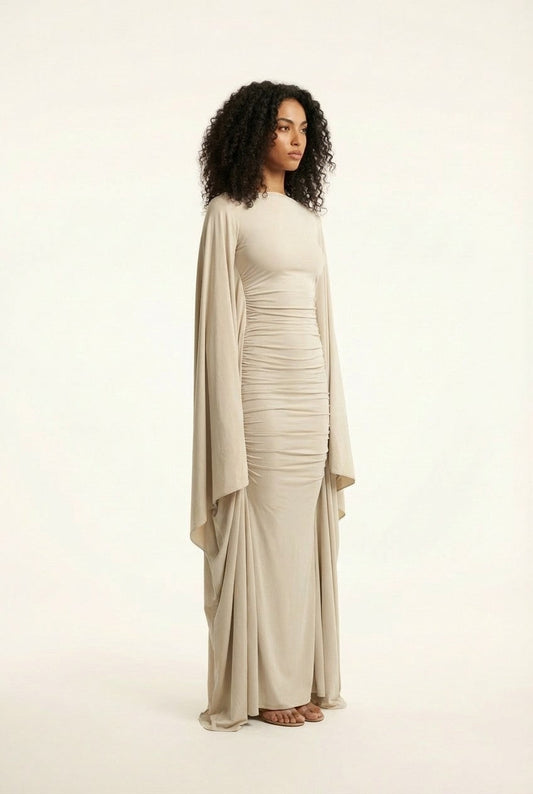 Women's Ruched Jersey Maxi Dress with Dramatic Cape Sleeve Detail