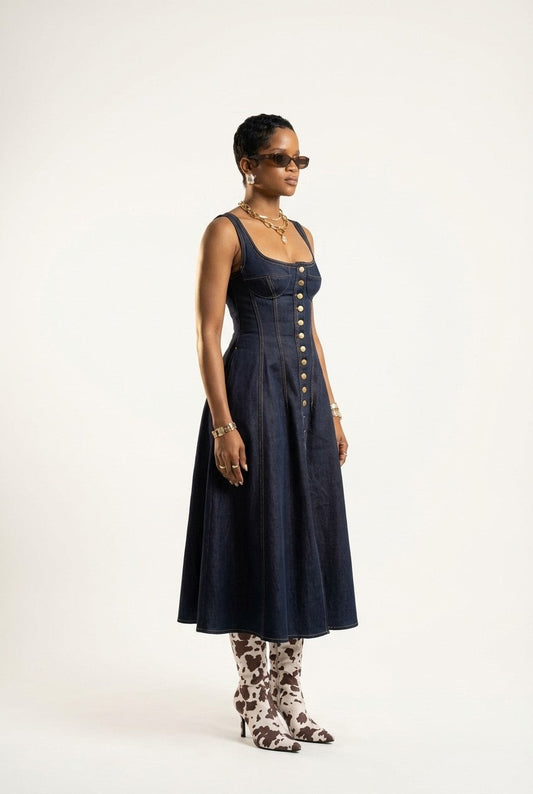 Women's Dark Indigo Denim Corset Midi Dress Button Down A-Line Fit