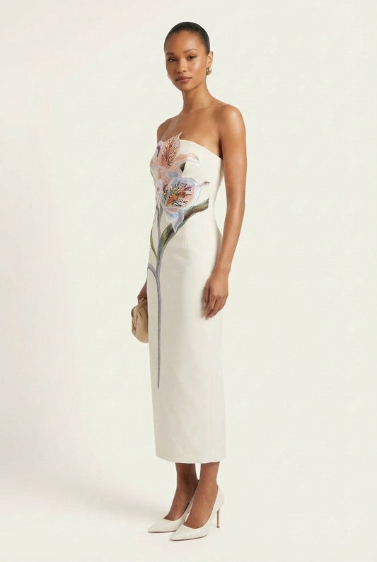 Women's Floral Embroidered Strapless Midi Dress Column Cocktail Gown