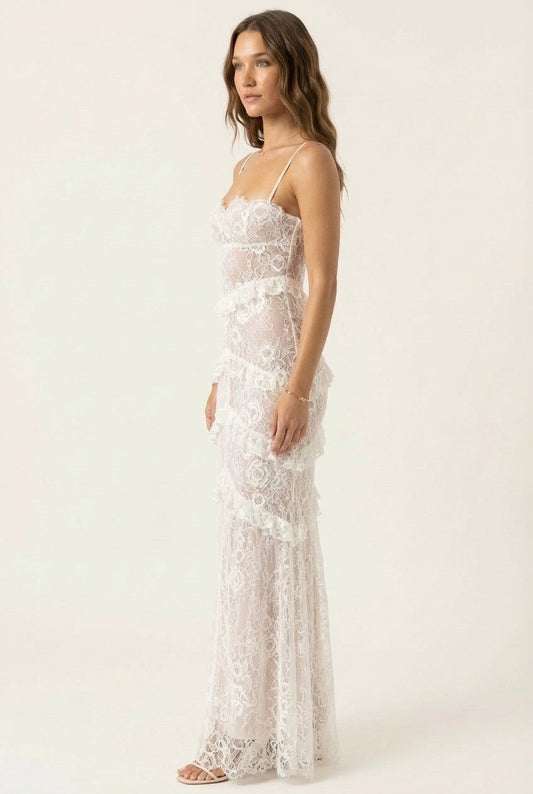 Women's Floral Lace Tiered Ruffle Maxi Dress Slim Fit Bridal Occasion