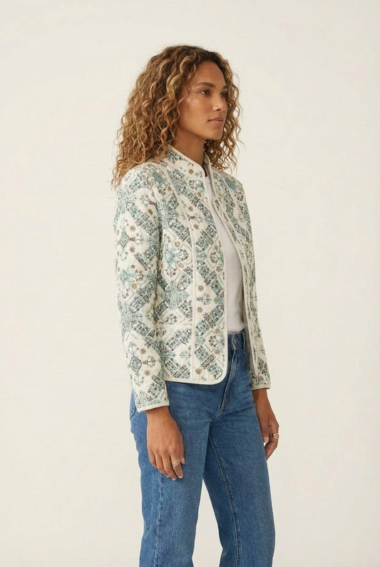 Women's Geometric Print Mandarin Collar Jacket Tailored Boho Chic Outerwear