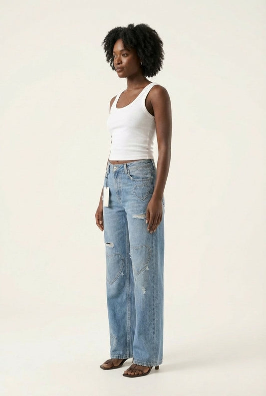 Women's Distressed Denim Heart Patch Jeans, High-Waisted Wide-Leg Fit