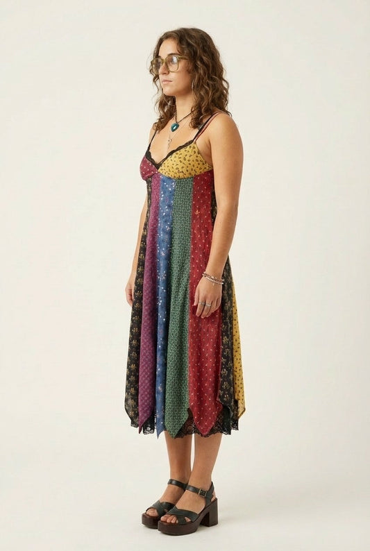 Women's Patchwork Lace Trim Midi Dress Handkerchief Hem Boho Vibe