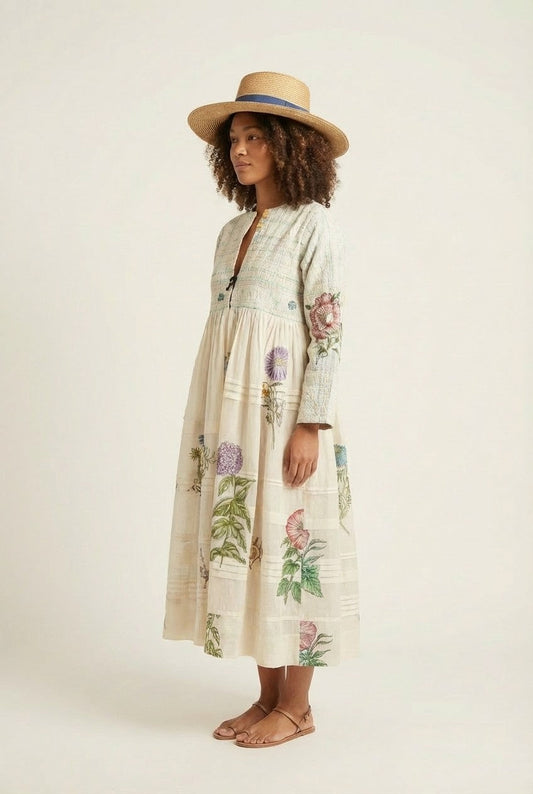 Women's Floral Embroidered Quilted Midi Dress Long Sleeve Garden Style