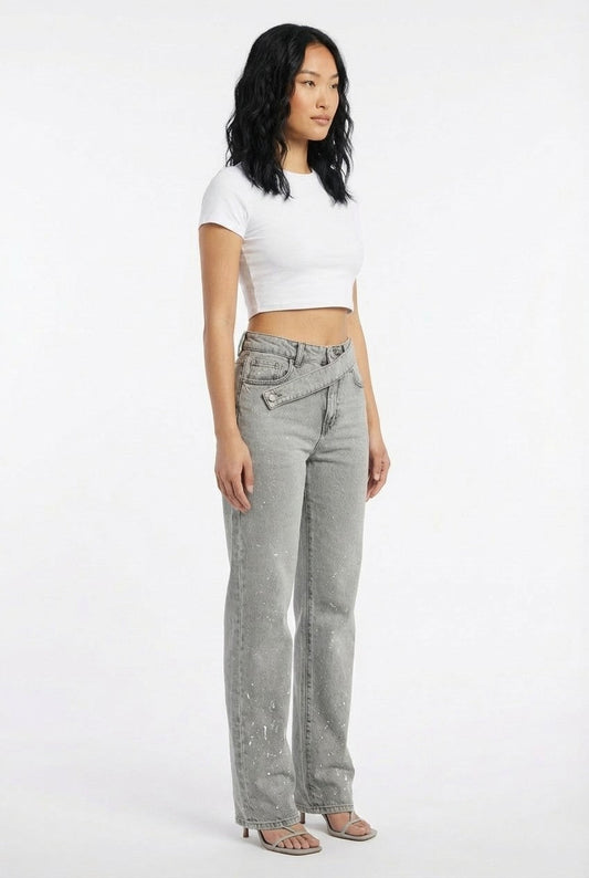 Women's Paint Splatter Denim Jeans Asymmetric Waist Straight Leg Streetwear