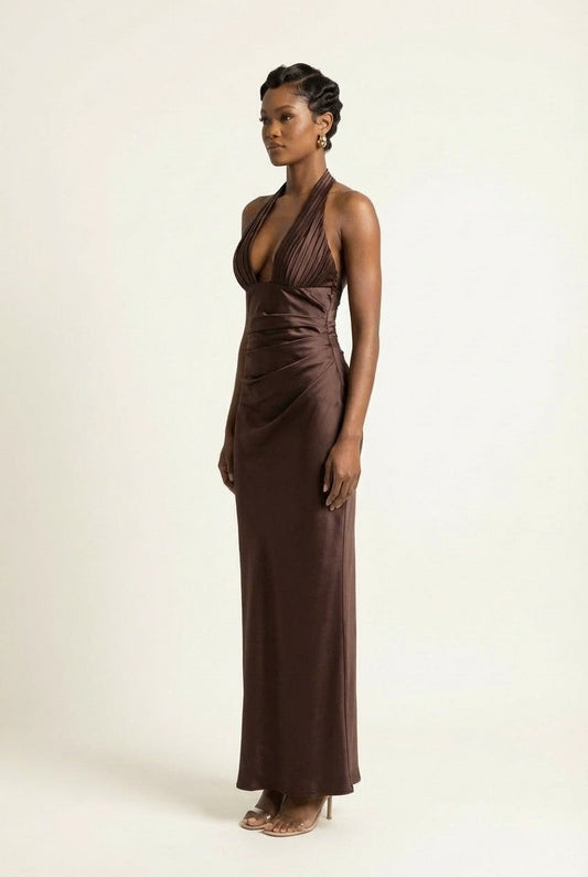 Women's Satin Halter Maxi Dress Ruched Plunge Evening Gown
