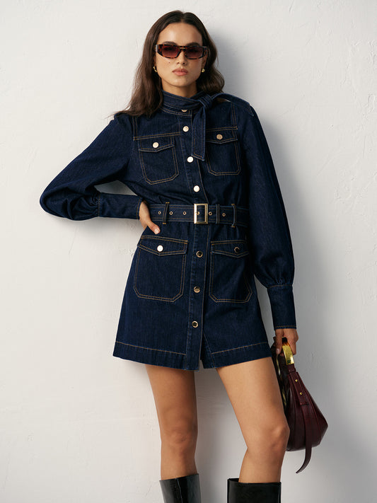 Belted Button-Front Denim Dress