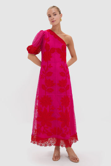 Red Bicolor One Shoulder Maxi Dress