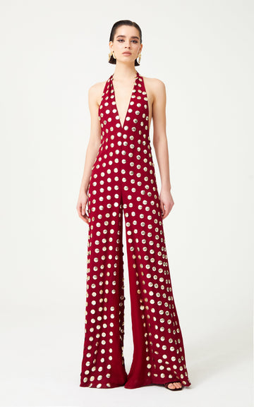 Burgundy Handmade Gold Polka Dot Jumpsuit