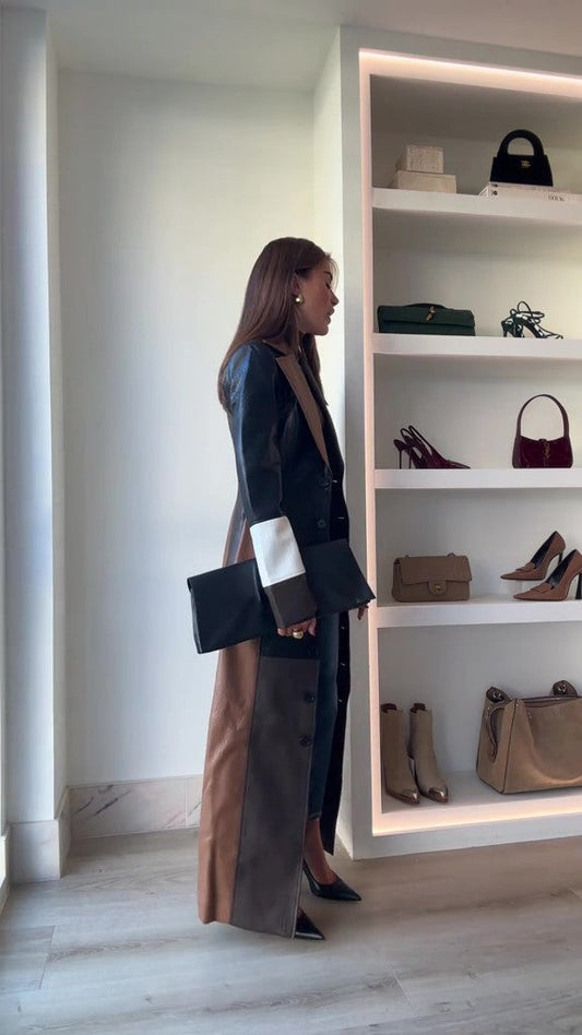 Color Blocked Leather Trench Coat