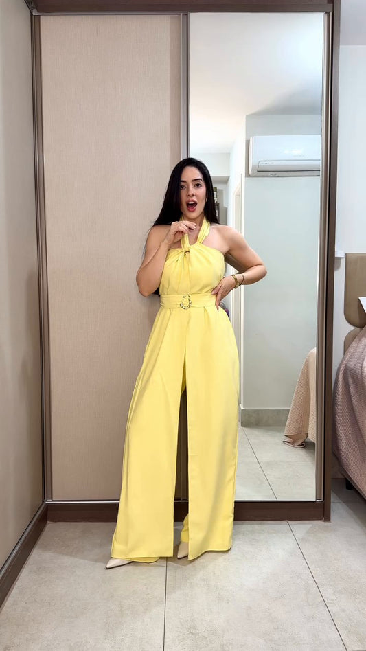 Women's Elegant Crepe Halter Wide Leg Jumpsuit with Belted Waist