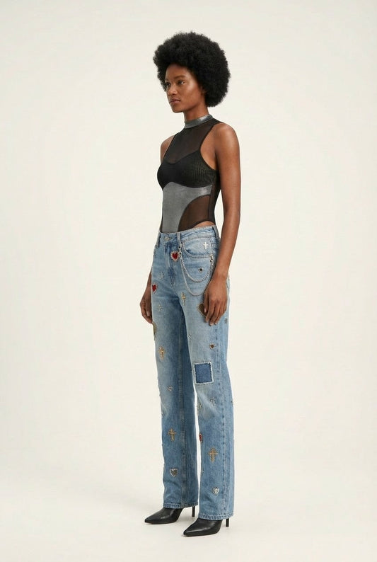 Vintage Heart & Cross Embroidered Straight-Leg Denim Jeans