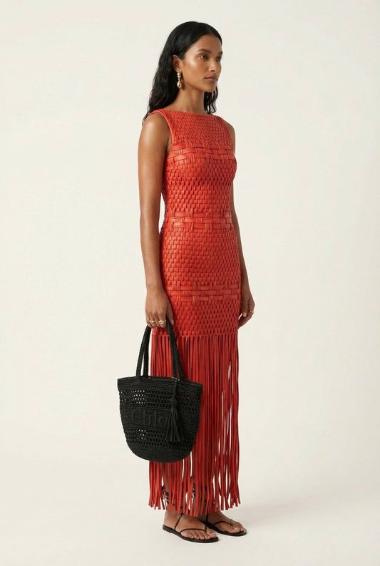 Women's Red Woven Sleeveless Maxi Dress with Statement Fringe Hem