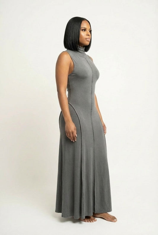 Women's Ribbed Sleeveless Maxi Dress Mock Neck Seamed Bodycon