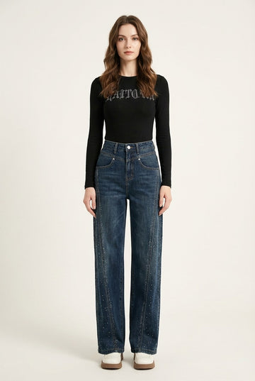 Women's Rhinestone Embellished High-Rise Wide-Leg Denim Jeans