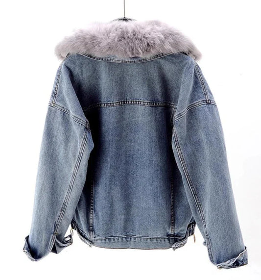 Light blue fur-lined hooded denim jacket