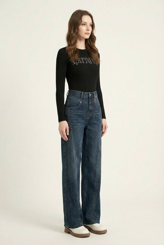 Women's Rhinestone Embellished High-Rise Wide-Leg Denim Jeans