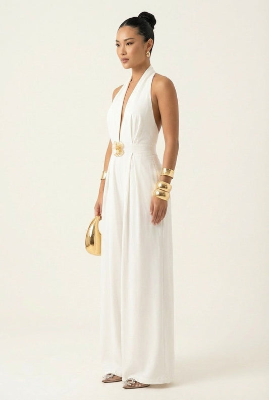 Women's Elegant Plunging Halter Jumpsuit with Gold Flower Waist Detail
