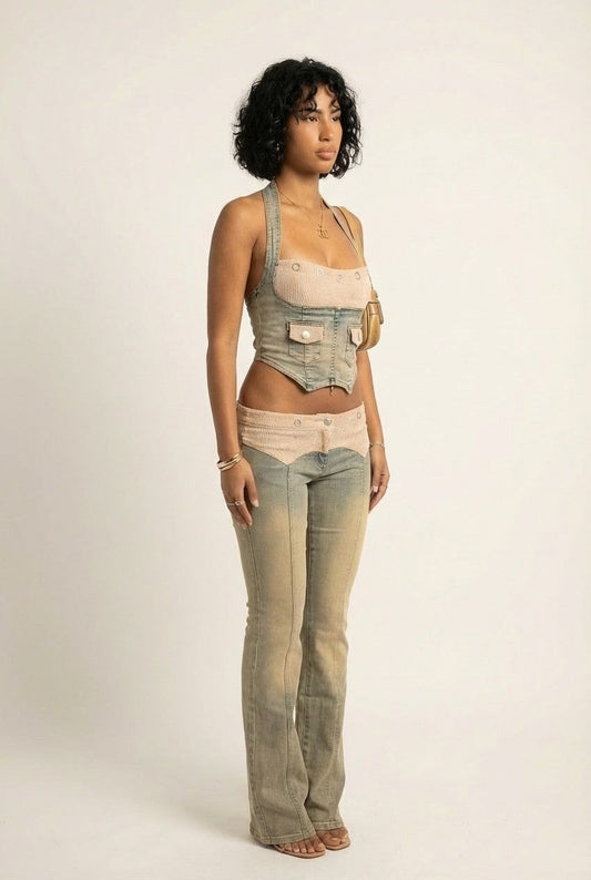 Women's Denim and Corduroy Corset Crop Top and Flare Pants Set