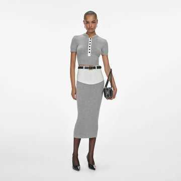 Gray Knitted Denim Patchwork Midi Skirt Set
