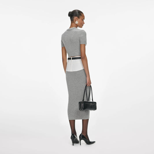 Gray Knitted Denim Patchwork Midi Skirt Set